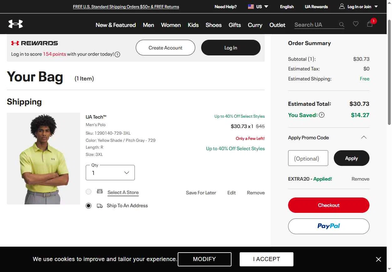 Under Armour checkout page showing Under Armour promo code box | Screenshot taken by SimplyCodes community member on Dec 21, 2025