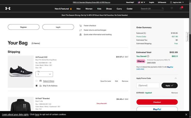 Under Armour checkout page showing Under Armour promo code box | Screenshot taken by SimplyCodes community member on Sep 27, 2025