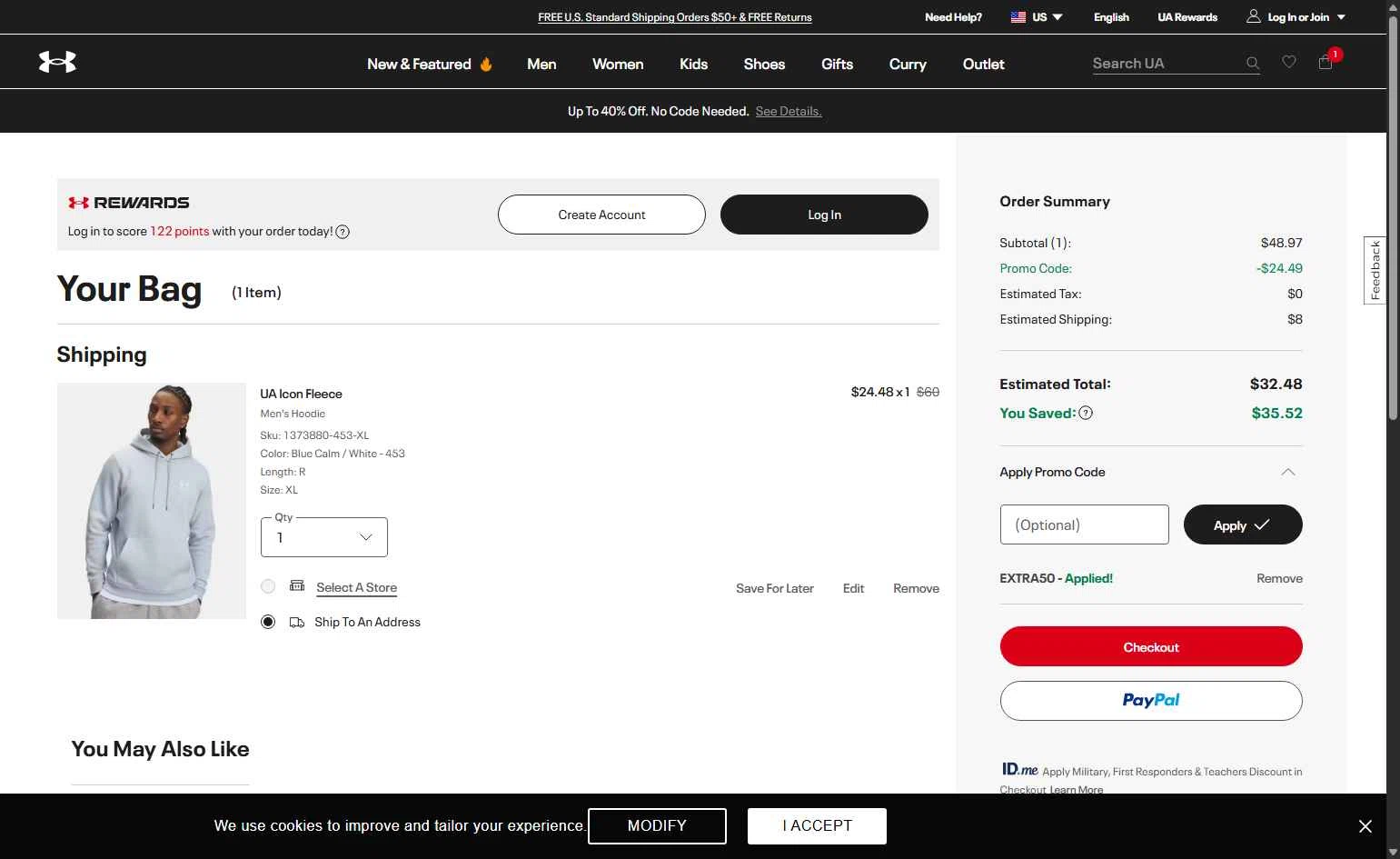 Under Armour checkout page showing Under Armour promo code box | Screenshot taken by SimplyCodes community member on Nov 23, 2025
