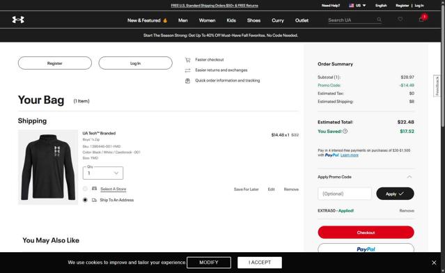 Under Armour checkout page showing Under Armour promo code box | Screenshot taken by SimplyCodes community member on Sep 24, 2025