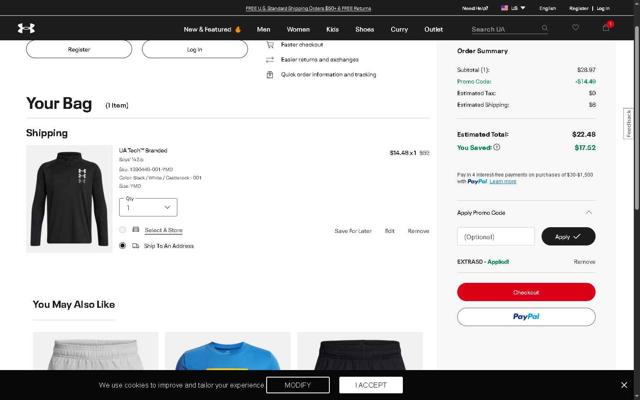 Under Armour checkout page showing Under Armour promo code box | Screenshot taken by SimplyCodes community member on Sep 21, 2025