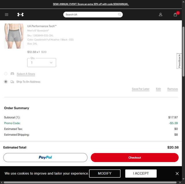 Under Armour checkout page showing Under Armour promo code box | Screenshot taken by SimplyCodes community member on Jun 29, 2025