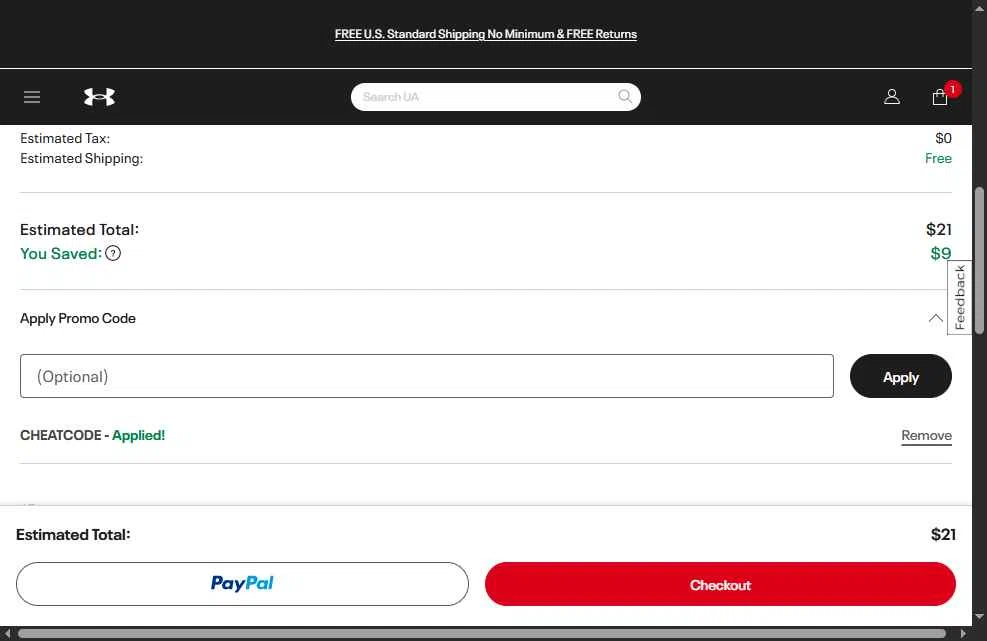 Under Armour checkout page showing Under Armour promo code box | Screenshot taken by SimplyCodes community member on Dec 6, 2025