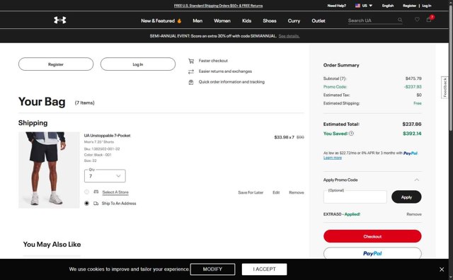 Under Armour checkout page showing Under Armour promo code box | Screenshot taken by SimplyCodes community member on Jun 28, 2025