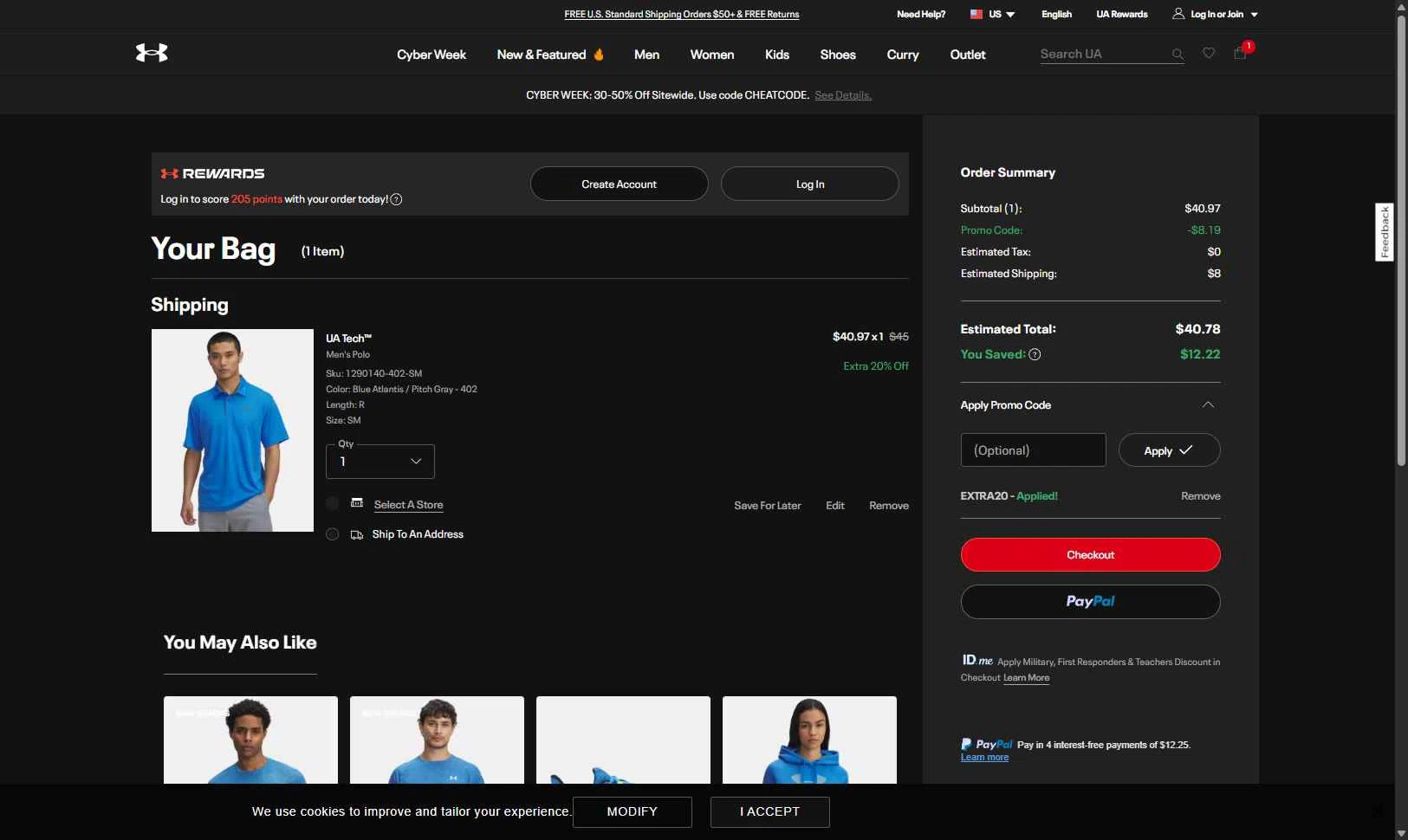 Under Armour checkout page showing Under Armour promo code box | Screenshot taken by SimplyCodes community member on Dec 3, 2025