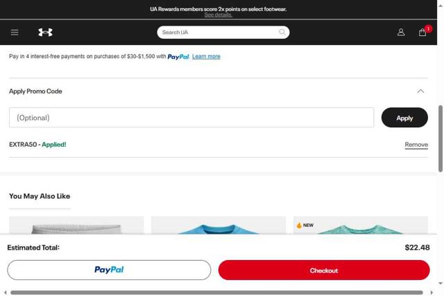 Under Armour checkout page showing Under Armour promo code box | Screenshot taken by SimplyCodes community member on Sep 17, 2025