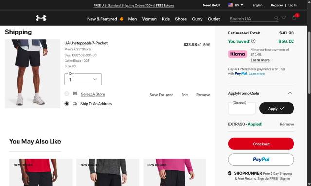 Under Armour checkout page showing Under Armour promo code box | Screenshot taken by SimplyCodes community member on Jul 5, 2025