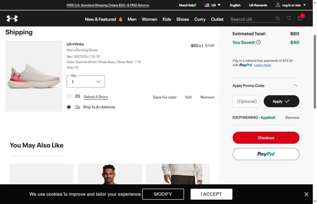 Under Armour checkout page showing Under Armour promo code box | Screenshot taken by SimplyCodes community member on Sep 30, 2025