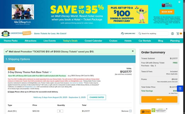 Undercover Tourist checkout page showing Undercover Tourist promo code box | Screenshot taken by SimplyCodes community member on Aug 22, 2025