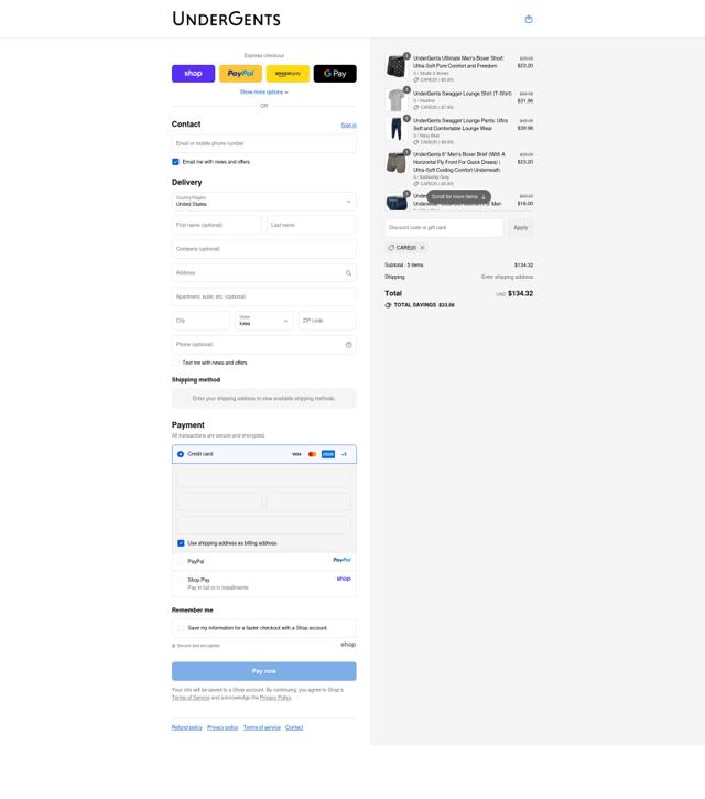 Undergents checkout page showing Undergents discount code box | Screenshot taken by SimplyCodes community member on Sep 12, 2025