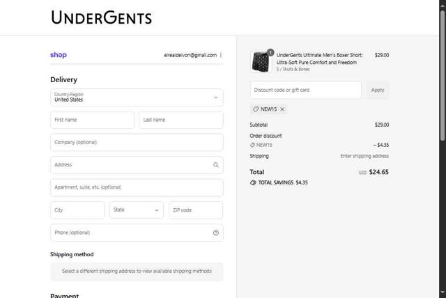 Undergents checkout page showing Undergents discount code box | Screenshot taken by SimplyCodes community member on Sep 12, 2025