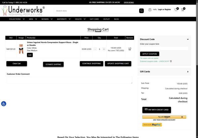 Underworks checkout page showing Underworks coupon code box | Screenshot taken by SimplyCodes community member on Jul 26, 2025