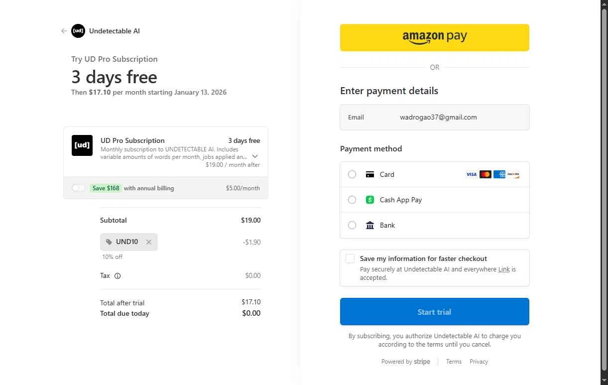 Undetectable.ai checkout page showing Undetectable.ai promo code box | Screenshot taken by SimplyCodes community member on Jan 10, 2026