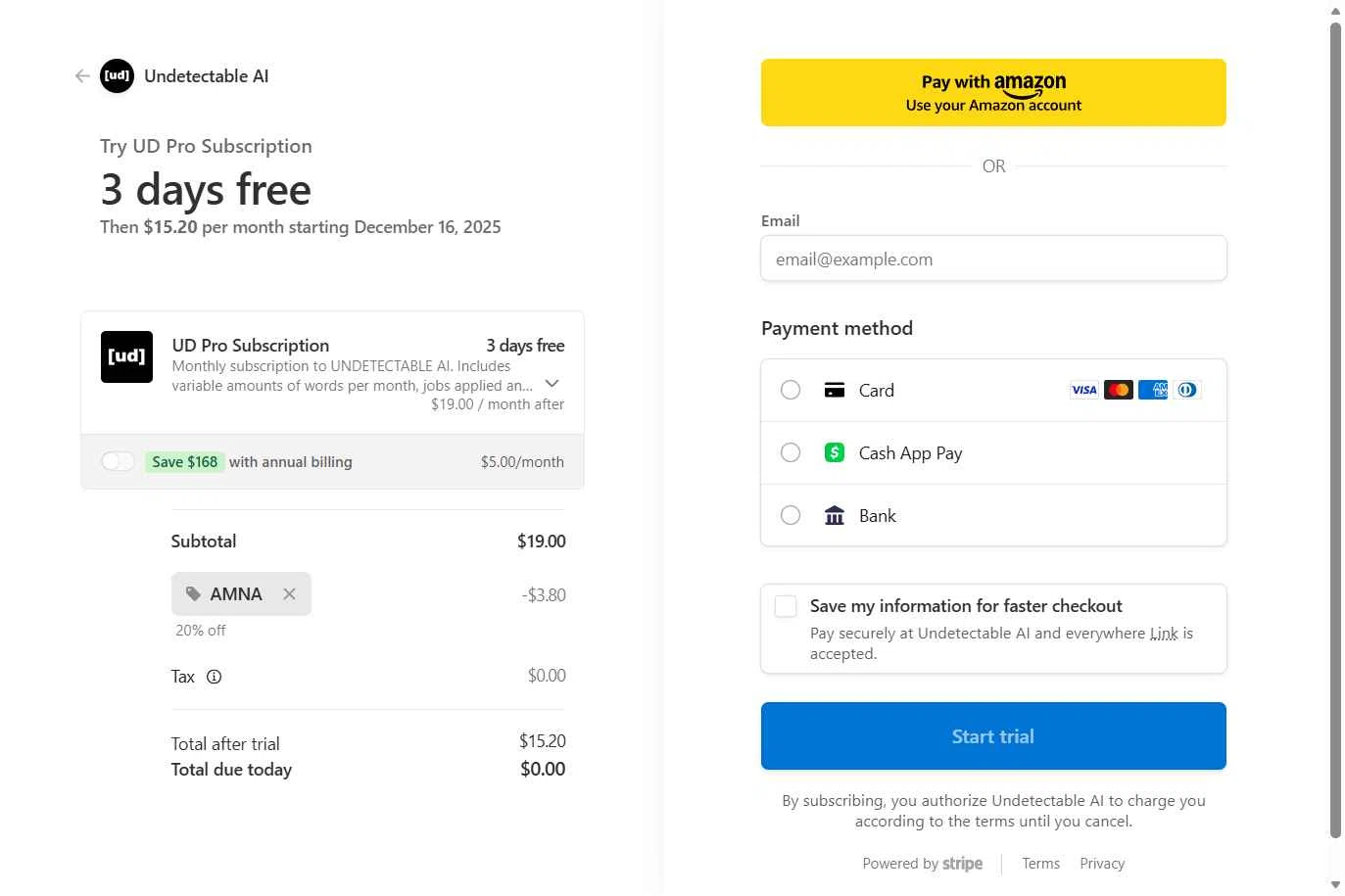 Undetectable.ai checkout page showing Undetectable.ai promo code box | Screenshot taken by SimplyCodes community member on Dec 13, 2025