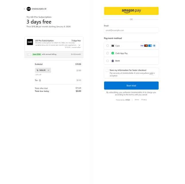 Undetectable.ai checkout page showing Undetectable.ai promo code box | Screenshot taken by SimplyCodes community member on Jan 6, 2026