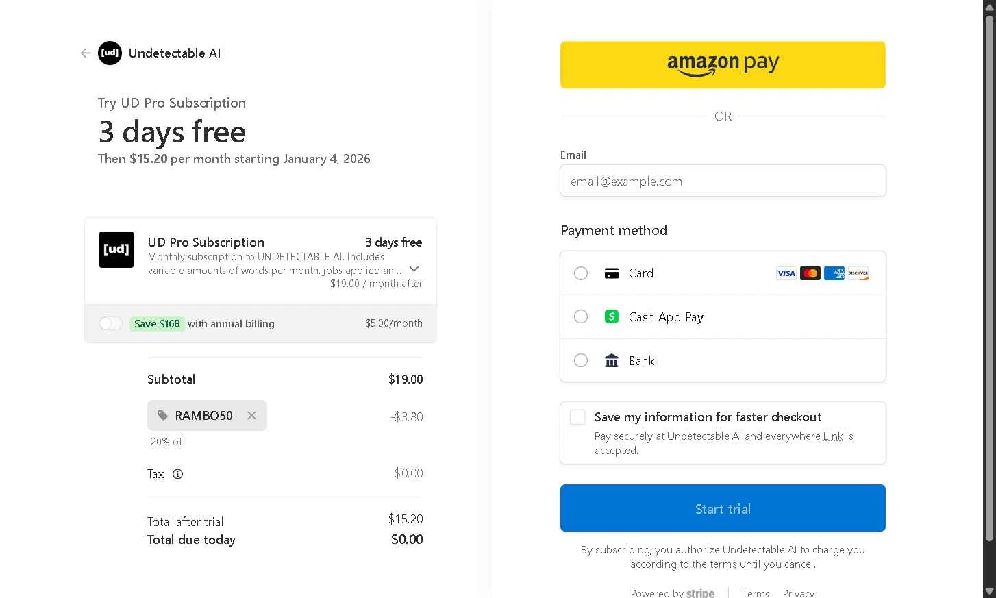 Undetectable.ai checkout page showing Undetectable.ai promo code box | Screenshot taken by SimplyCodes community member on Jan 1, 2026