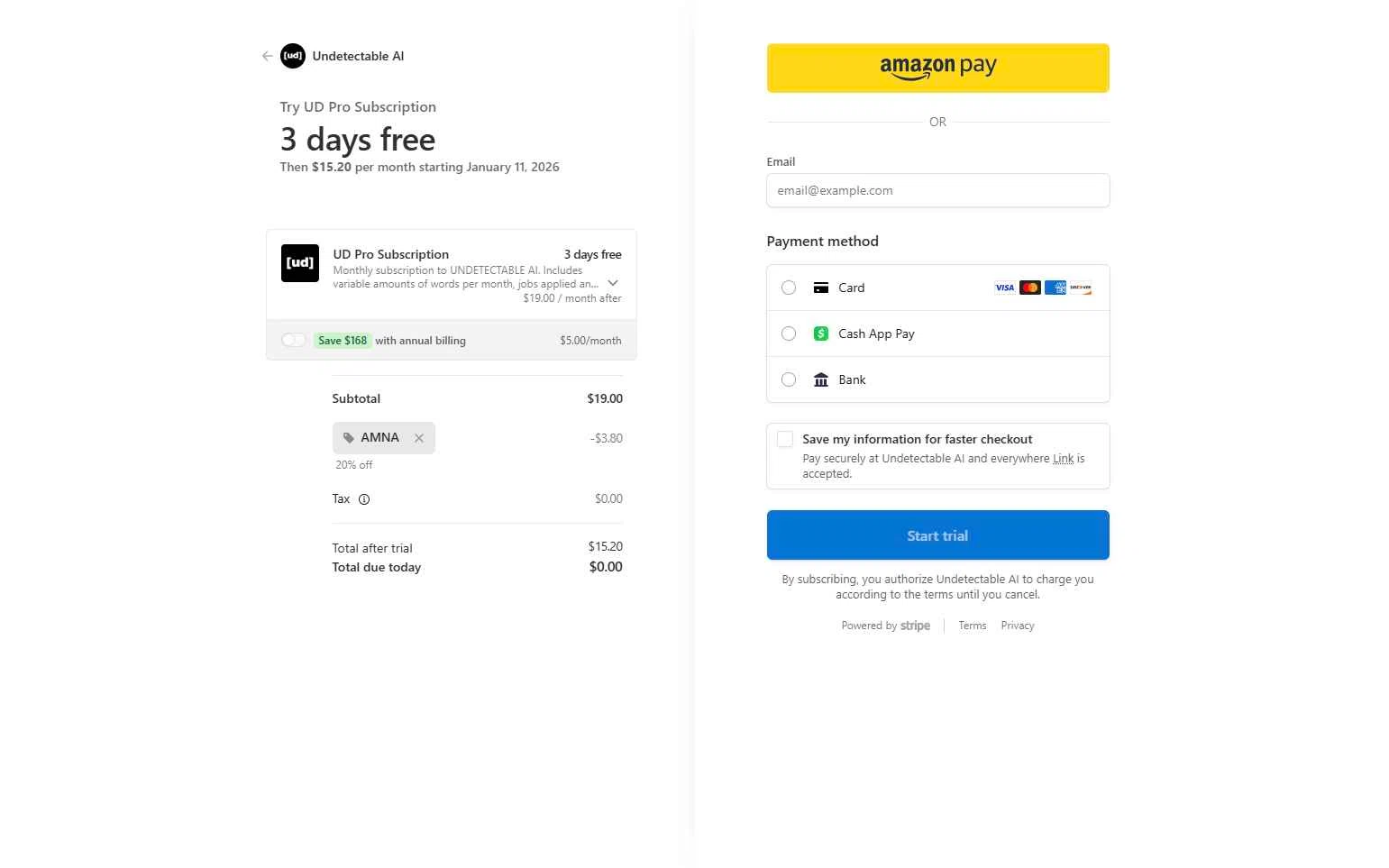 Undetectable.ai checkout page showing Undetectable.ai promo code box | Screenshot taken by SimplyCodes community member on Jan 8, 2026