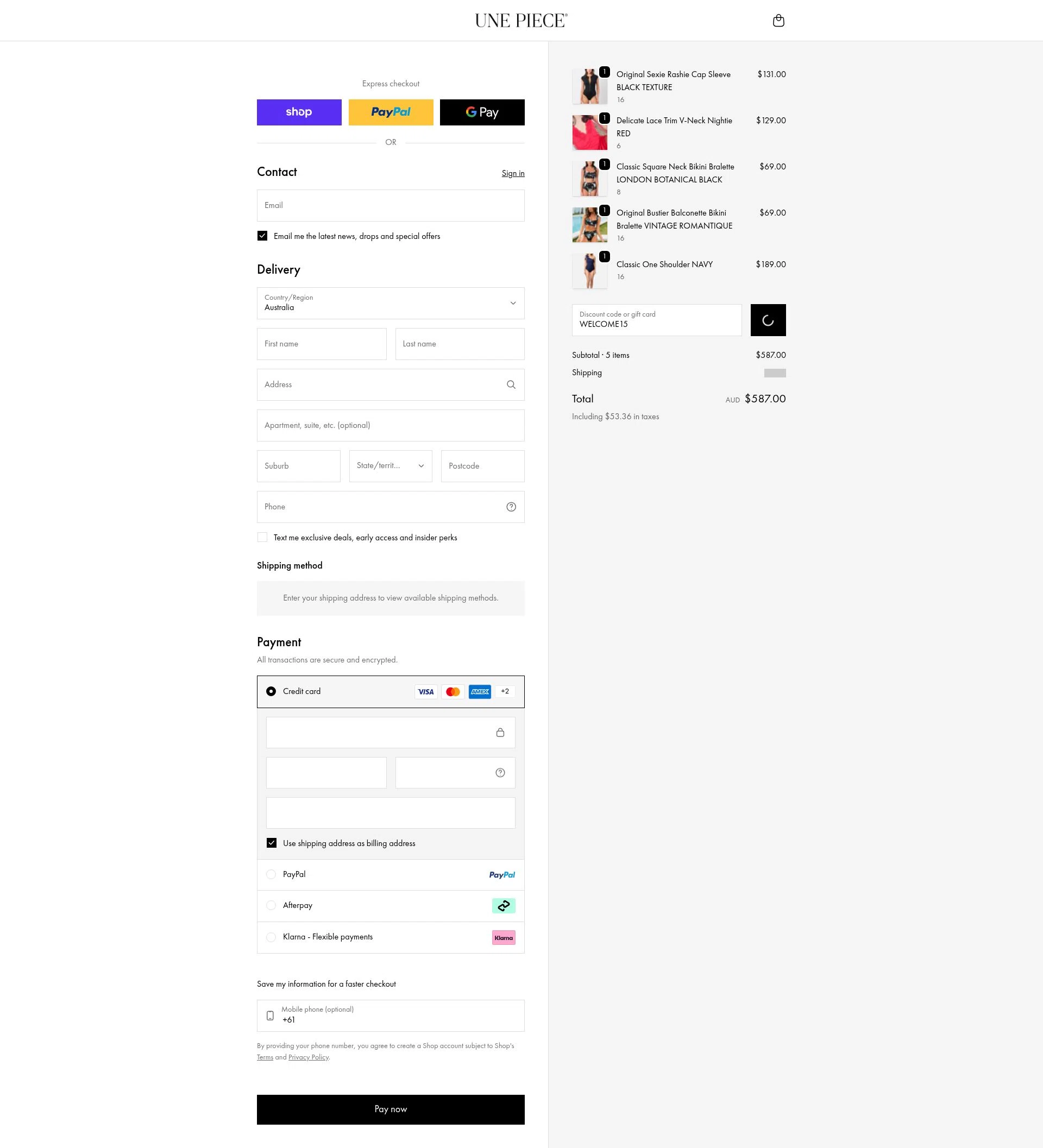 Une Piece checkout page showing Une Piece discount code box | Screenshot taken by SimplyCodes community member on Feb 17, 2026