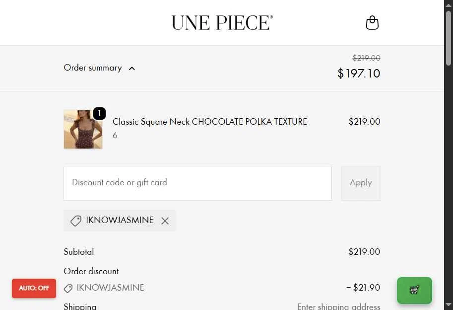Une Piece checkout page showing Une Piece discount code box | Screenshot taken by SimplyCodes community member on Feb 17, 2026