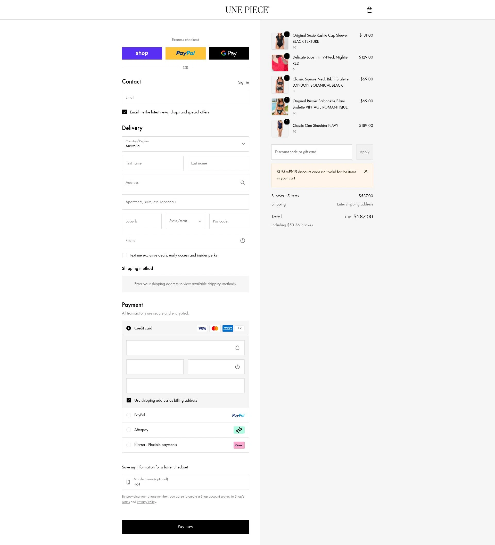 Une Piece checkout page showing Une Piece discount code box | Screenshot taken by SimplyCodes community member on Feb 17, 2026