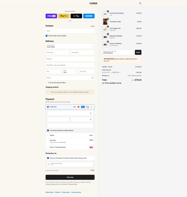 UnHide checkout page showing UnHide discount code box | Screenshot taken by SimplyCodes community member on Aug 28, 2025