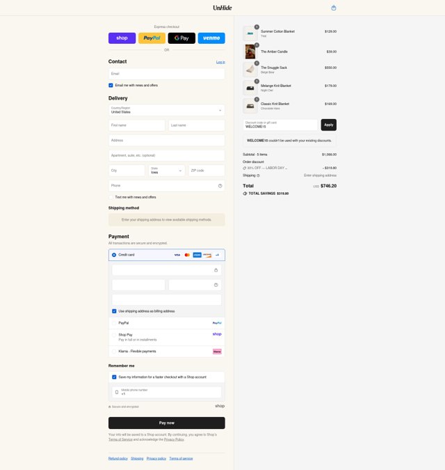 UnHide checkout page showing UnHide discount code box | Screenshot taken by SimplyCodes community member on Sep 1, 2025