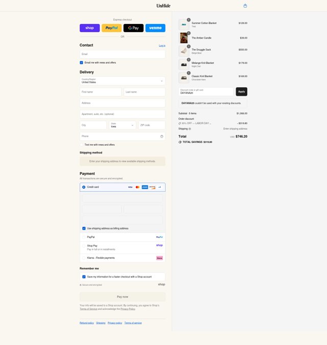UnHide checkout page showing UnHide discount code box | Screenshot taken by SimplyCodes community member on Sep 1, 2025