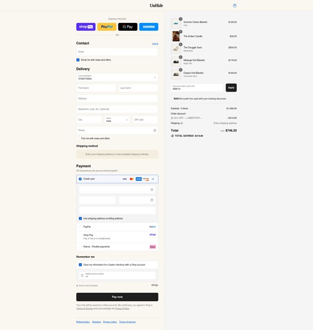 UnHide checkout page showing UnHide discount code box | Screenshot taken by SimplyCodes community member on Aug 28, 2025
