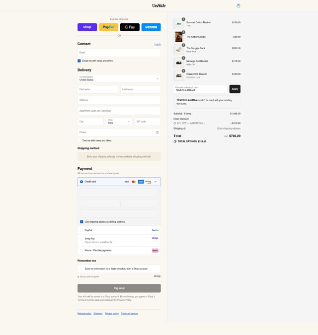 UnHide checkout page showing UnHide discount code box | Screenshot taken by SimplyCodes community member on Sep 1, 2025