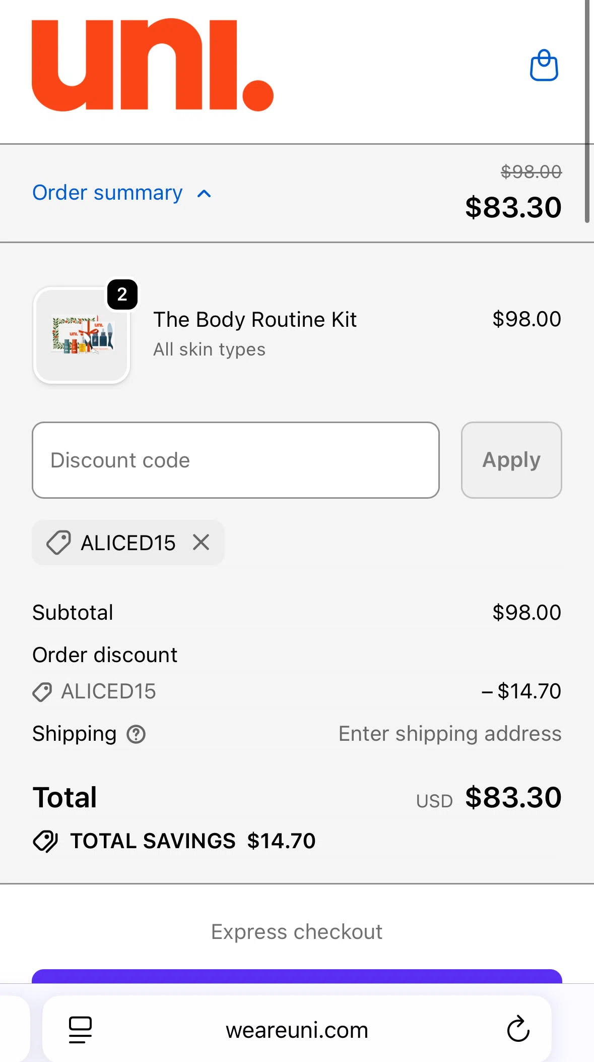 Uni discount code screenshot showing code ALICED15 applied at Uni checkout page. Uploaded by SimplyCodes community member SavvySentinel4540 on Nov 7, 2025
