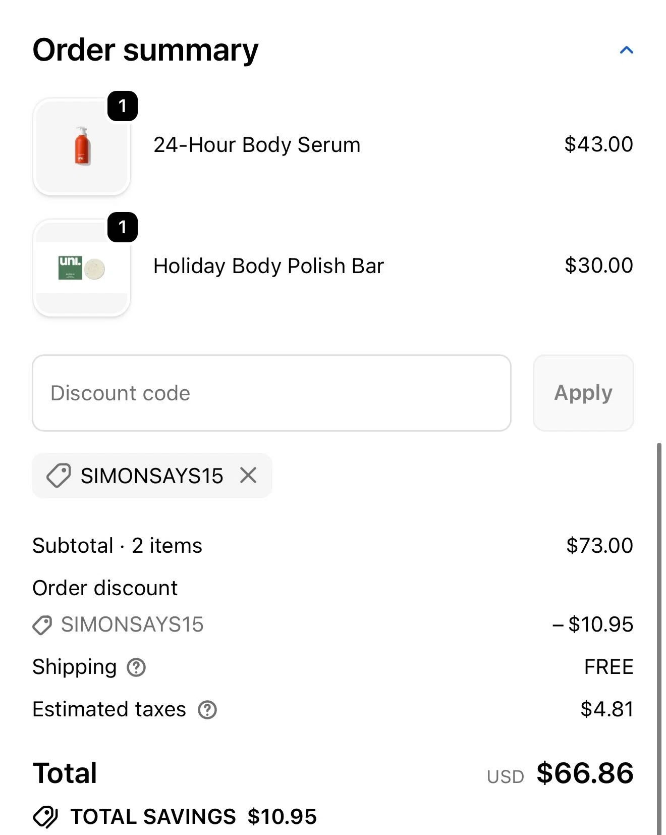 Uni discount code screenshot showing code SIMONSAYS15 applied at Uni checkout page. Uploaded by SimplyCodes community member JackR3 on Feb 6, 2026