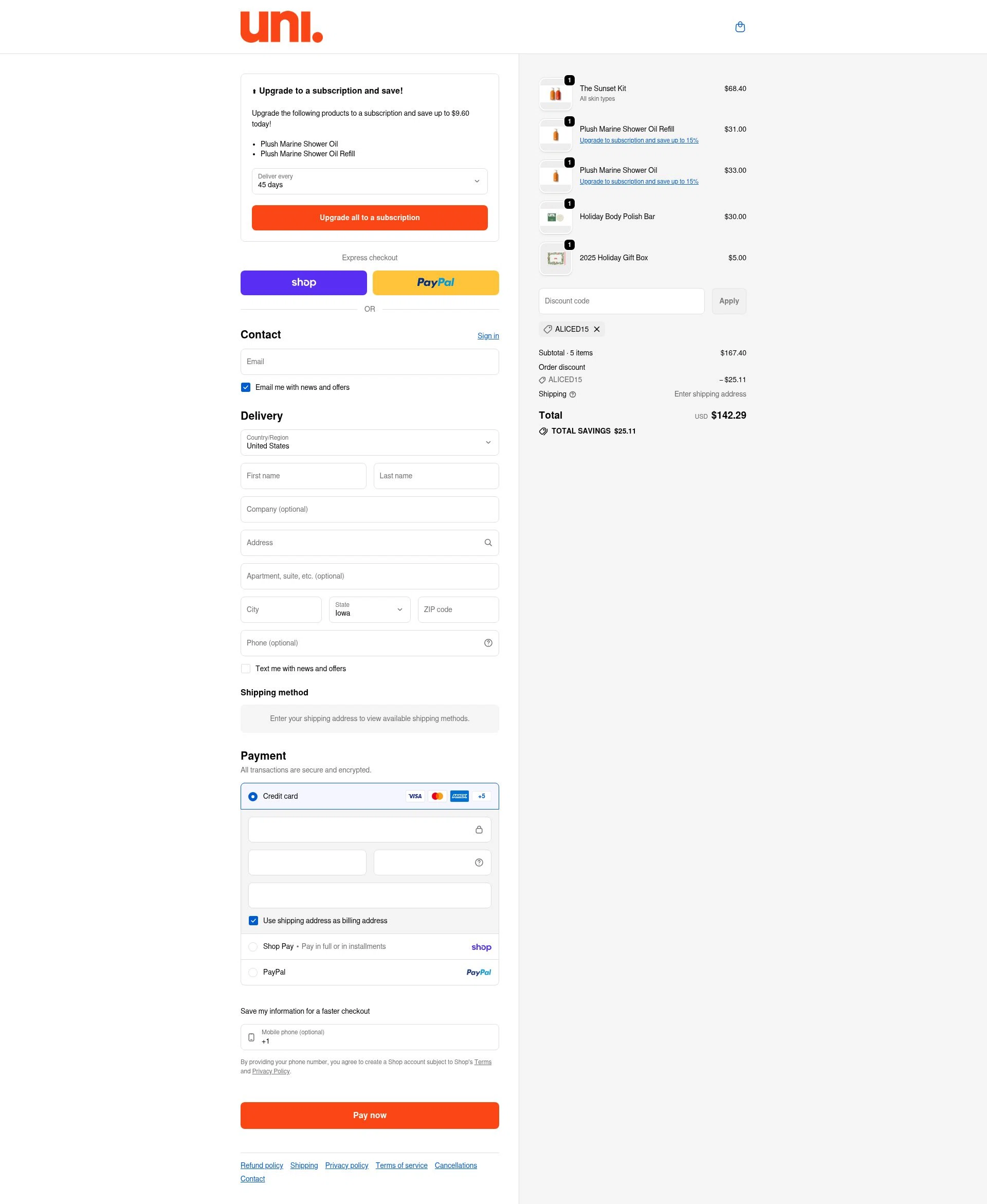 Uni checkout page showing Uni discount code box | Screenshot taken by SimplyCodes community member on Feb 5, 2026