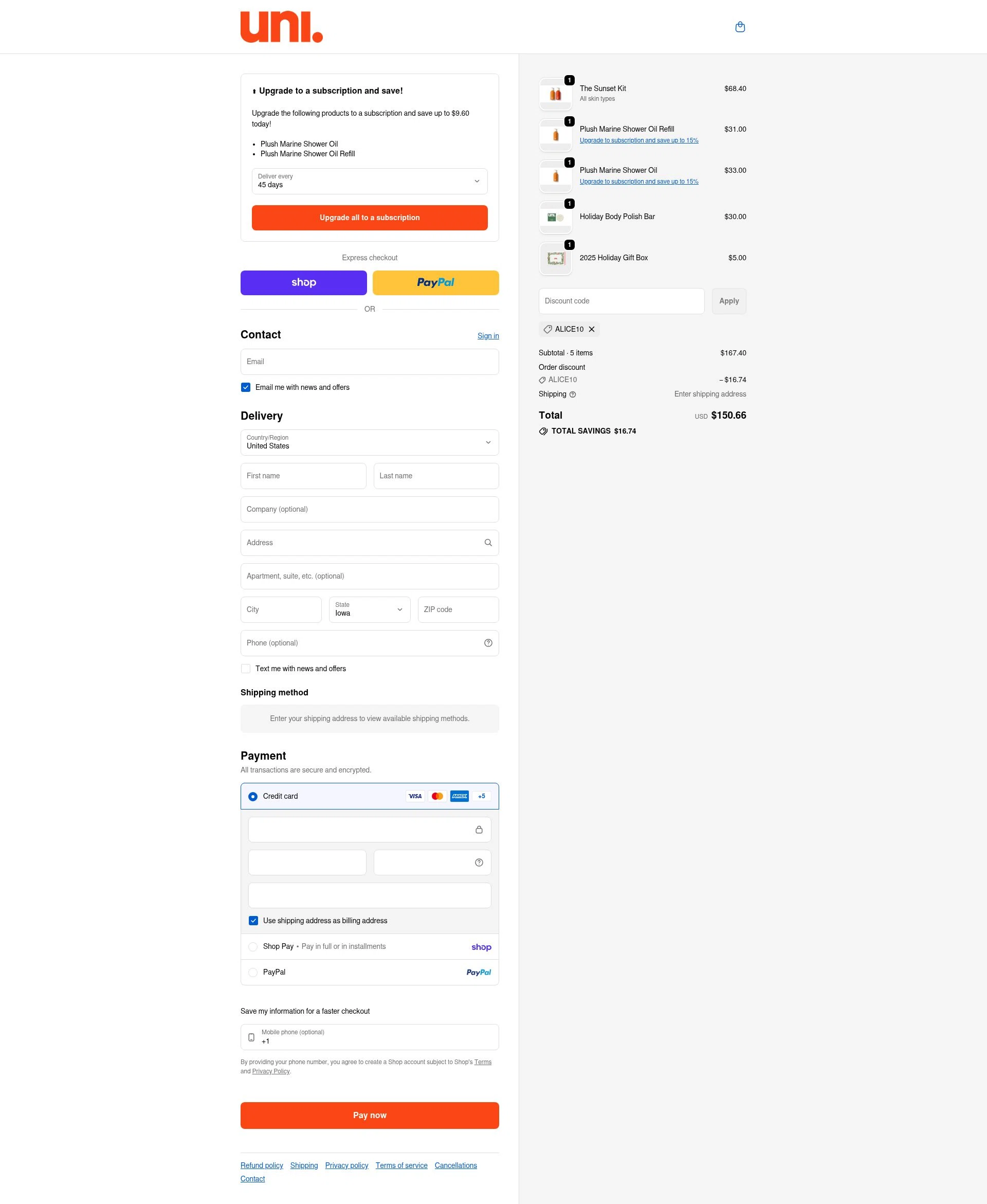 Uni checkout page showing Uni discount code box | Screenshot taken by SimplyCodes community member on Feb 5, 2026