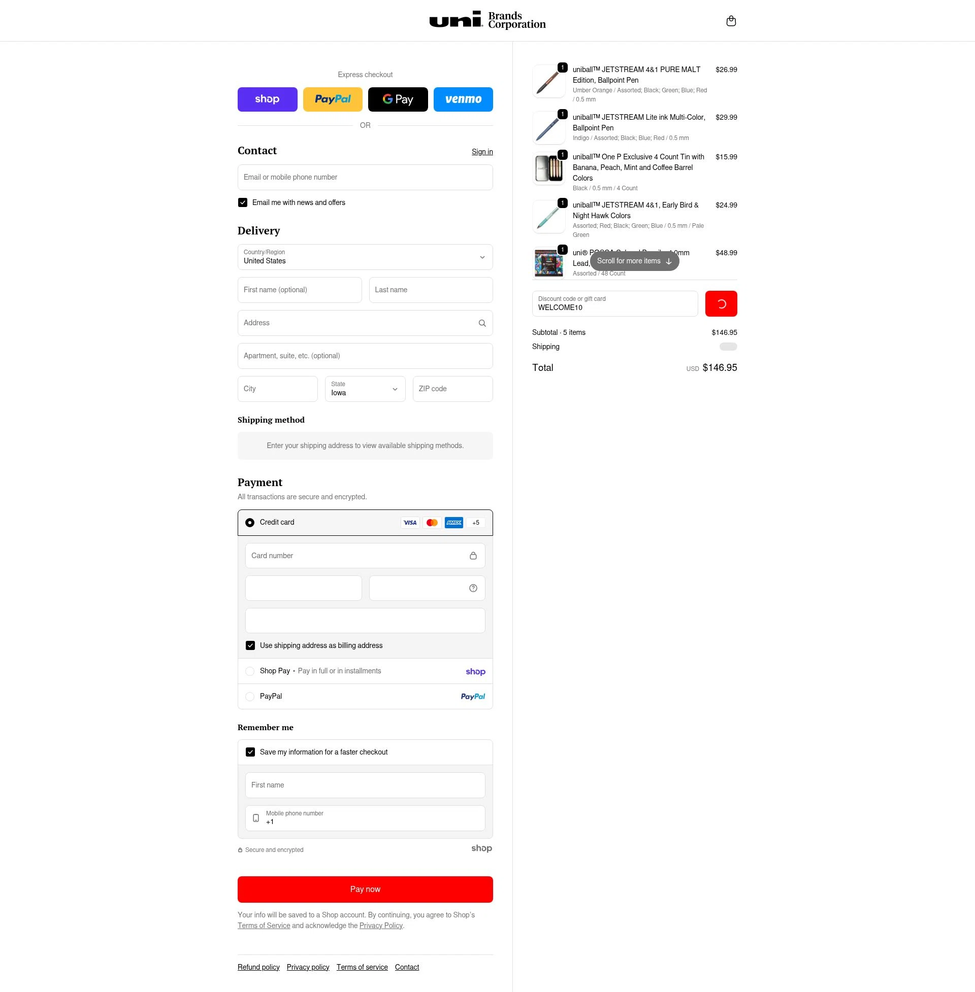Uni-ball checkout page showing Uni-ball discount code box | Screenshot taken by SimplyCodes community member on Jan 26, 2026