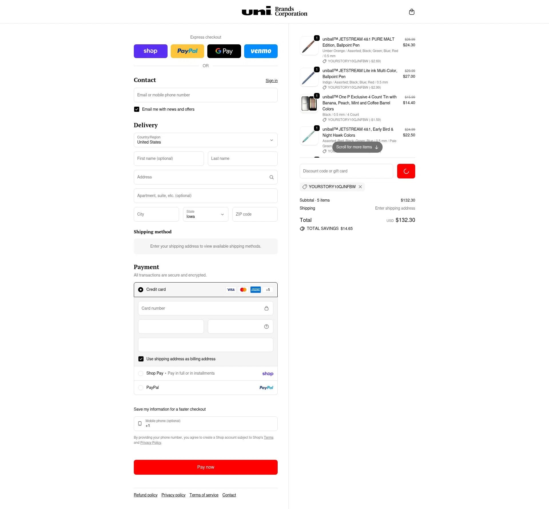 Uni-ball checkout page showing Uni-ball discount code box | Screenshot taken by SimplyCodes community member on Jan 31, 2026