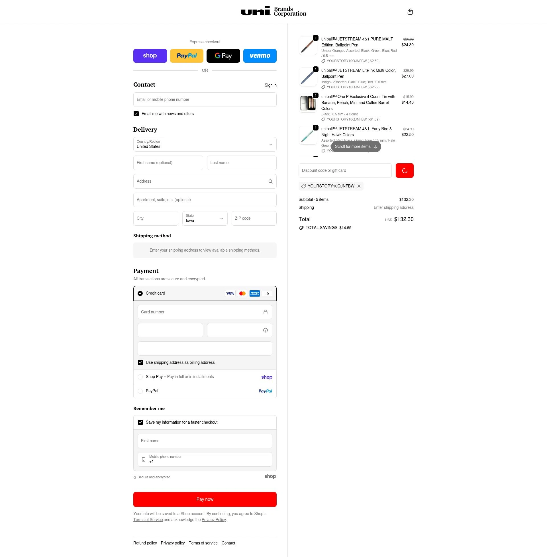 Uni-ball checkout page showing Uni-ball discount code box | Screenshot taken by SimplyCodes community member on Jan 26, 2026