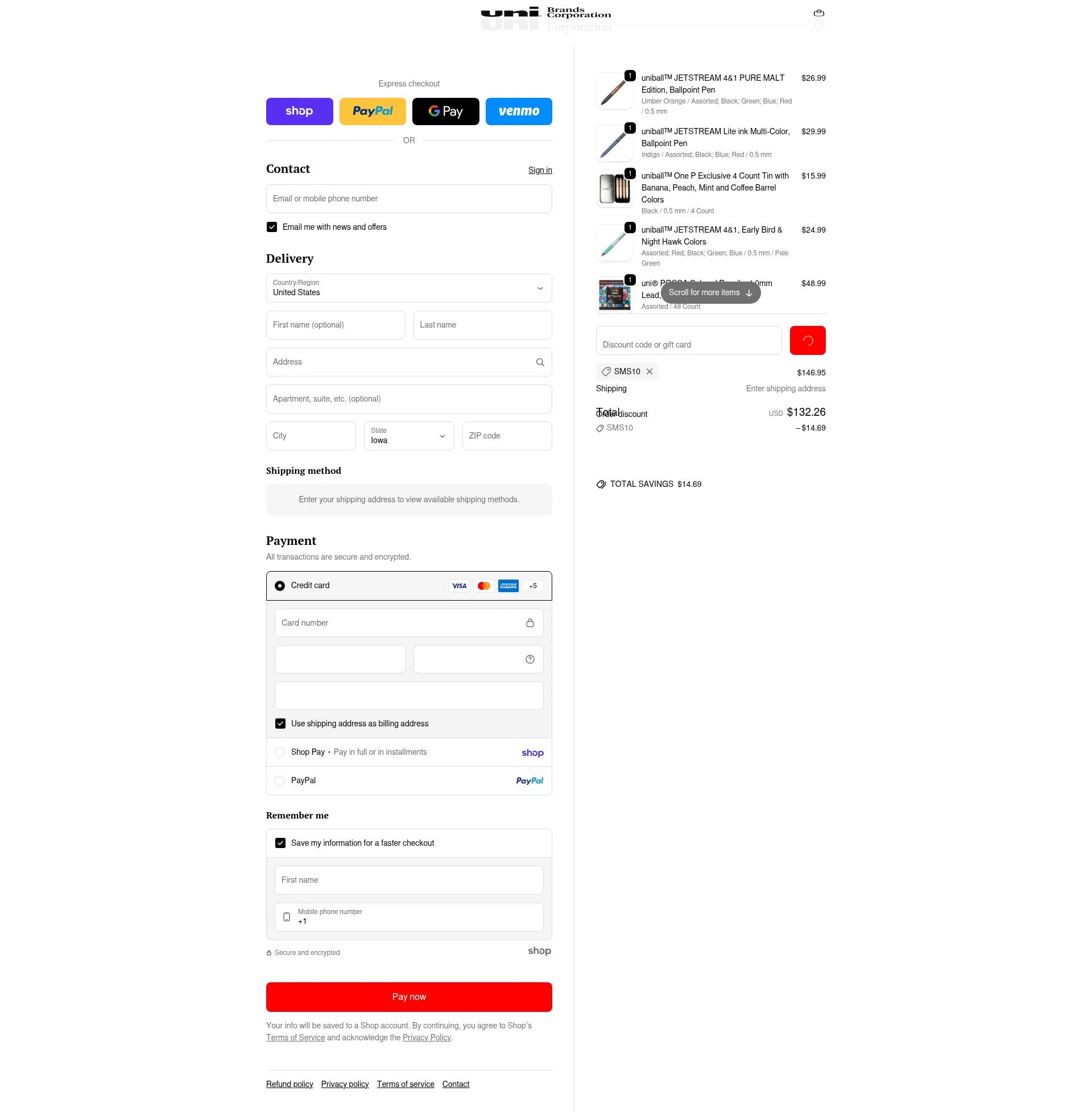 Uni-ball checkout page showing Uni-ball discount code box | Screenshot taken by SimplyCodes community member on Jan 26, 2026