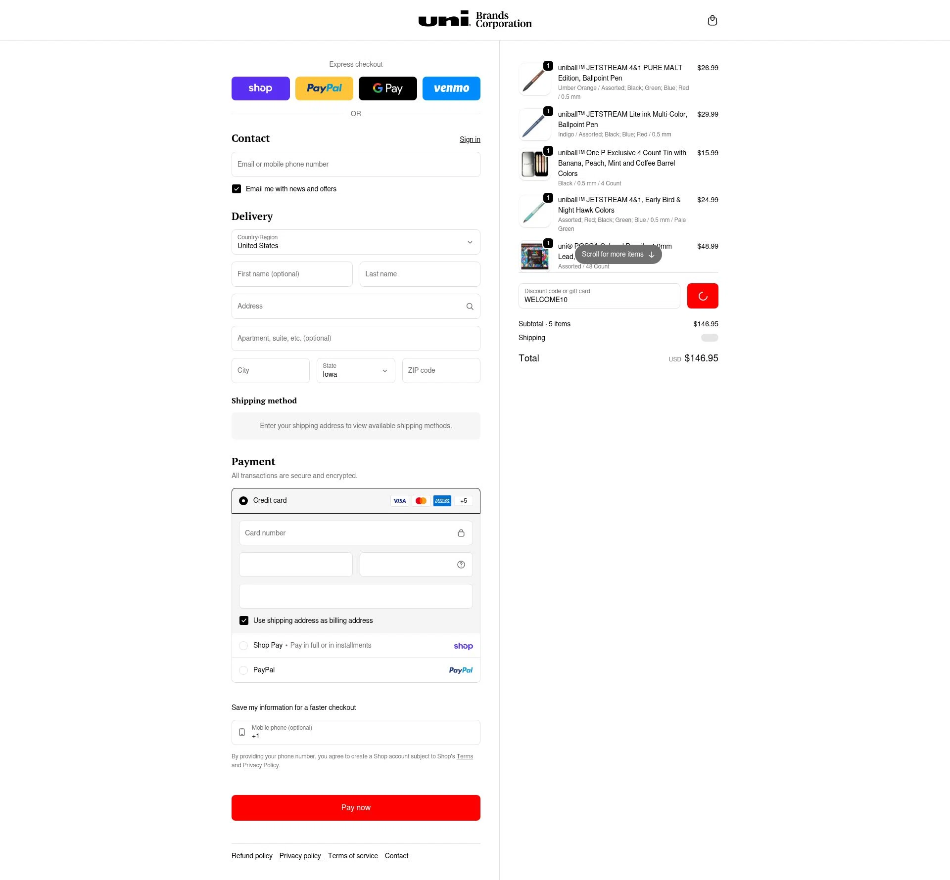 Uni-ball checkout page showing Uni-ball discount code box | Screenshot taken by SimplyCodes community member on Jan 31, 2026