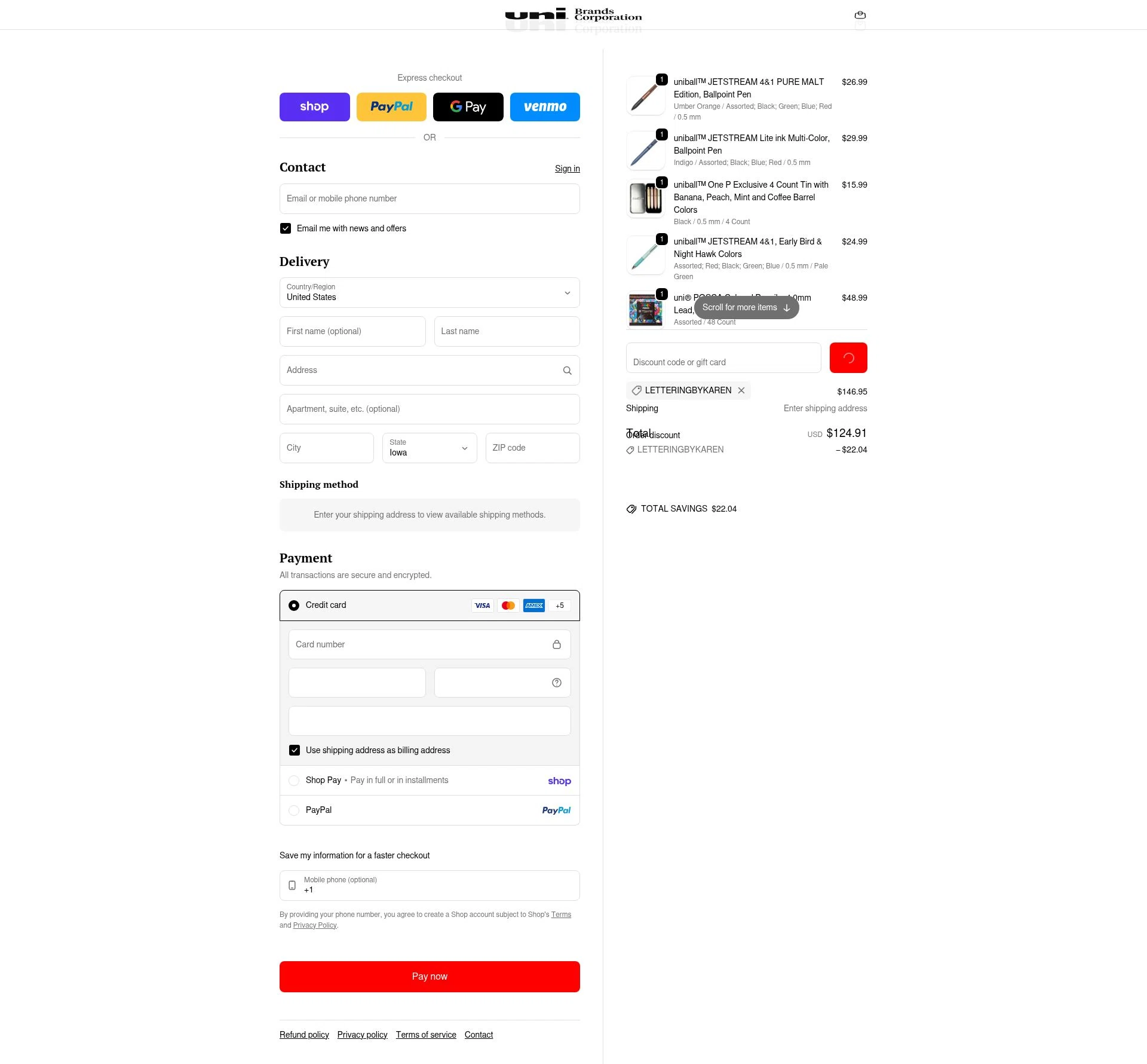 Uni-ball checkout page showing Uni-ball discount code box | Screenshot taken by SimplyCodes community member on Jan 31, 2026