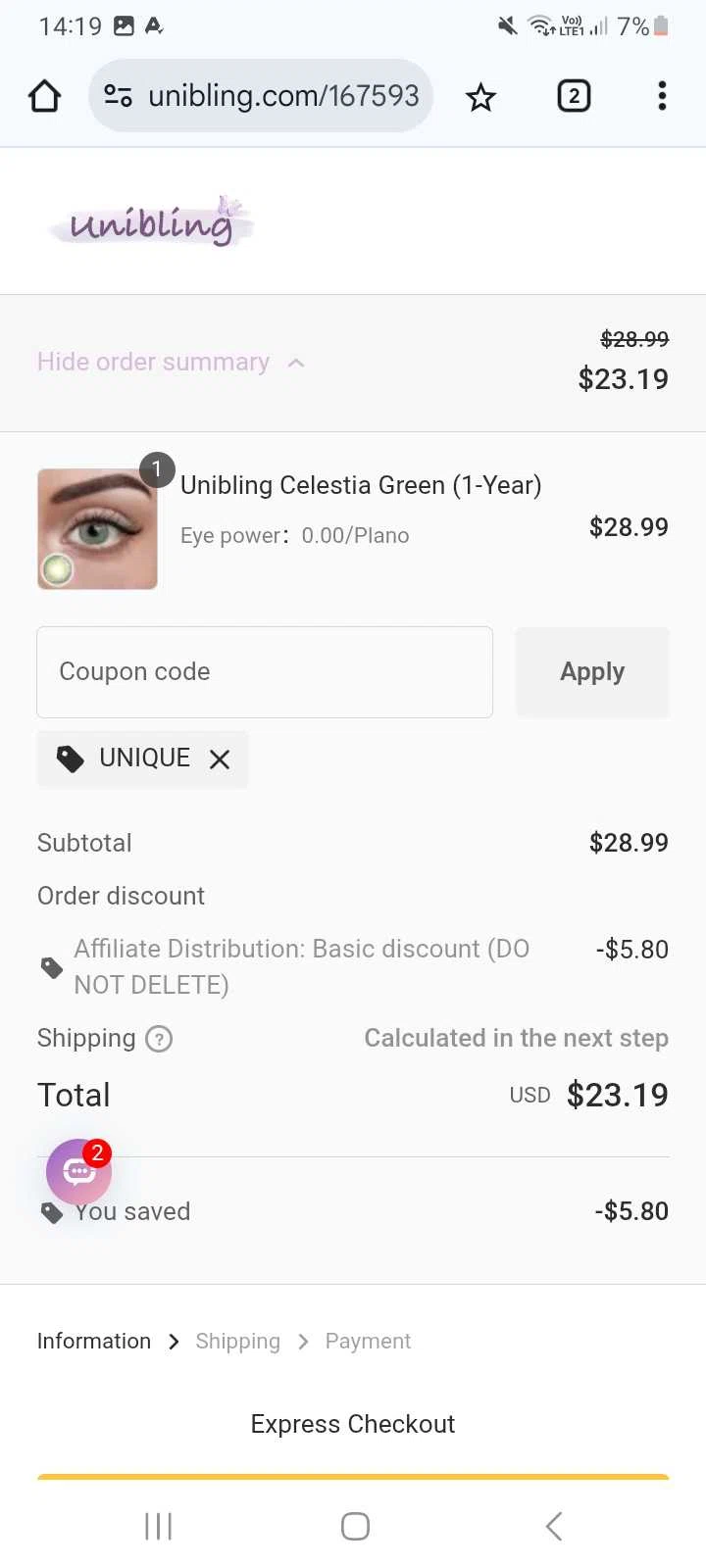 Unibling coupon code screenshot showing code UNIQUE applied at Unibling checkout page. Uploaded by SimplyCodes community member Celebrity on Oct 13, 2025