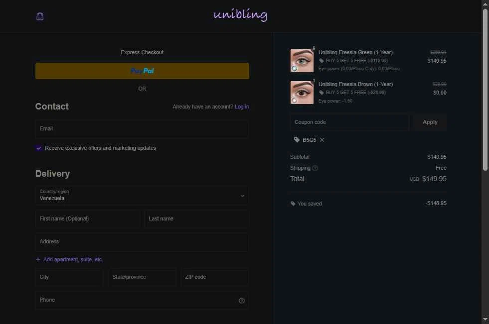 Unibling checkout page showing Unibling coupon code box | Screenshot taken by SimplyCodes community member on Feb 4, 2026