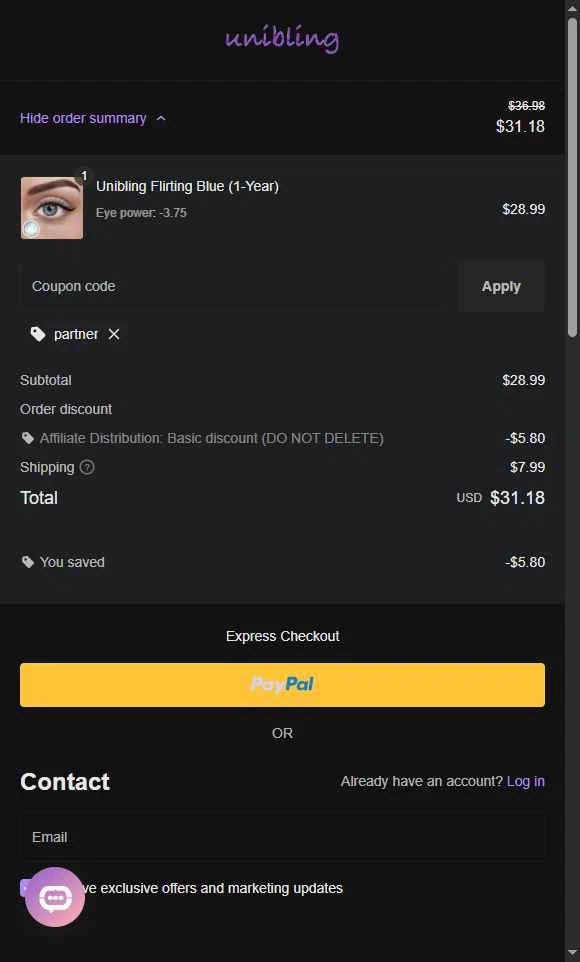Unibling checkout page showing Unibling coupon code box | Screenshot taken by SimplyCodes community member on Feb 14, 2026