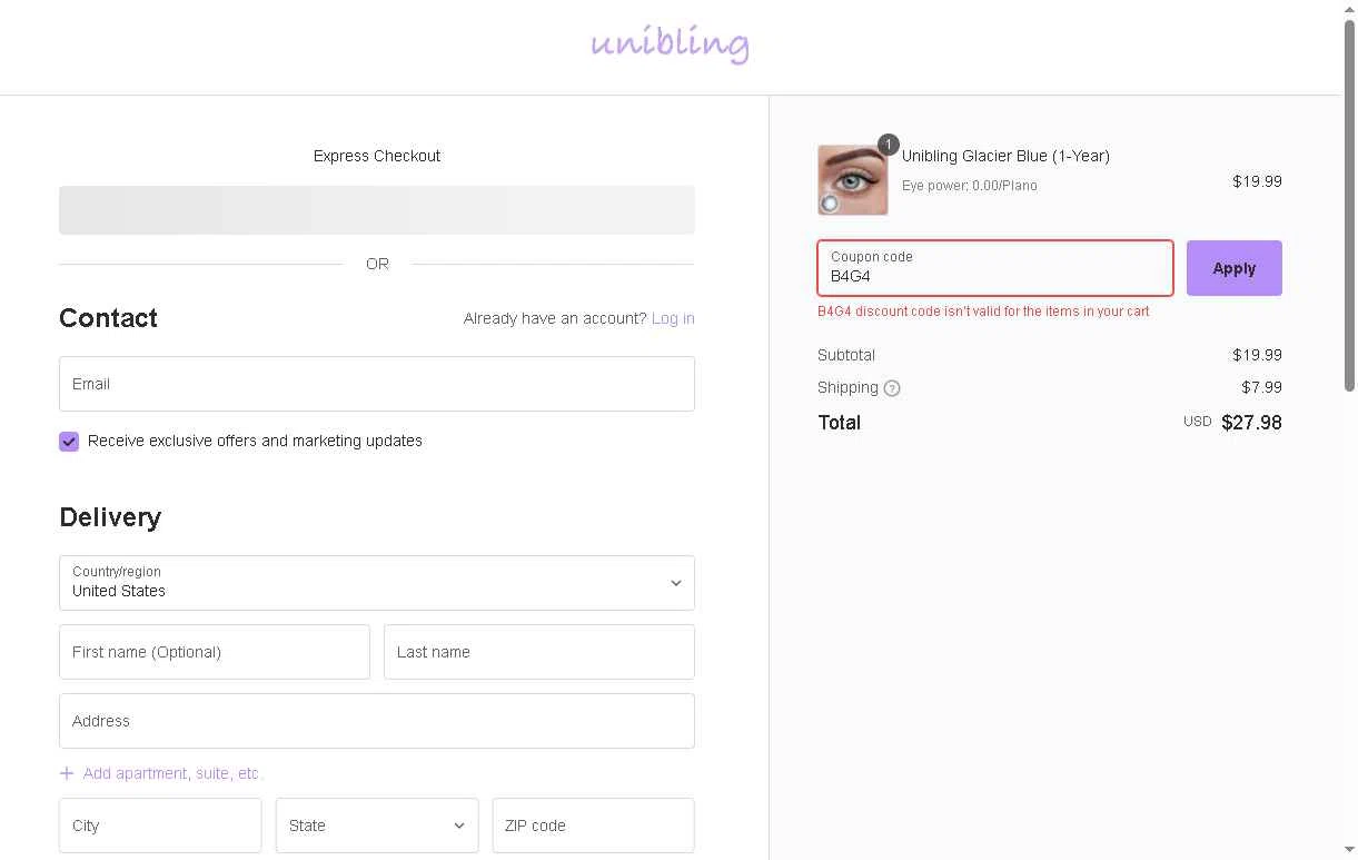 Unibling checkout page showing Unibling coupon code box | Screenshot taken by SimplyCodes community member on Feb 4, 2026