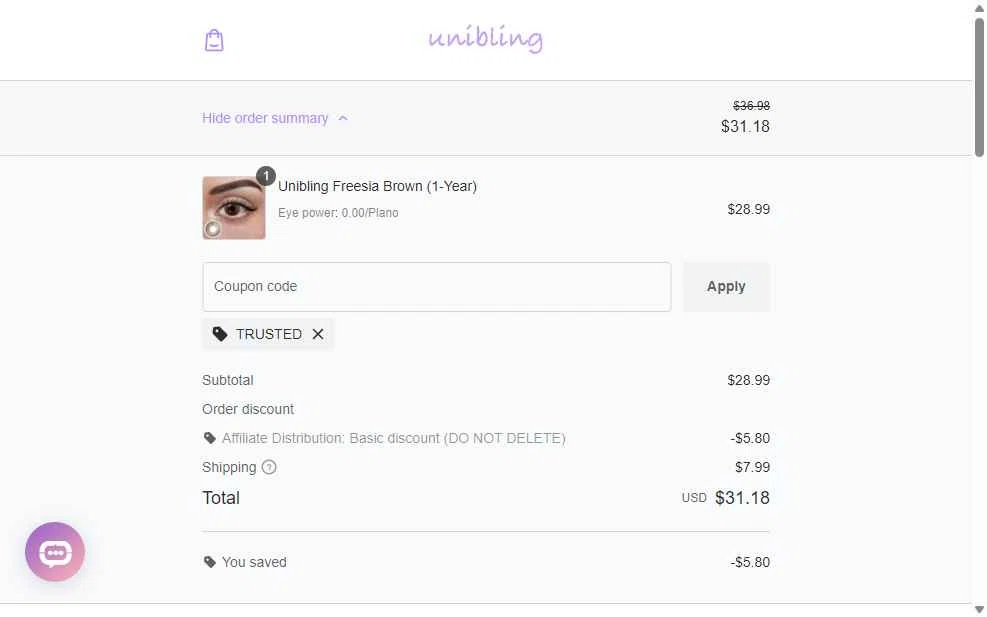 Unibling checkout page showing Unibling coupon code box | Screenshot taken by SimplyCodes community member on Jan 25, 2026