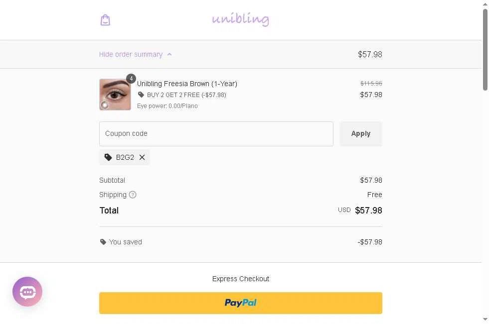 Unibling checkout page showing Unibling coupon code box | Screenshot taken by SimplyCodes community member on Feb 4, 2026