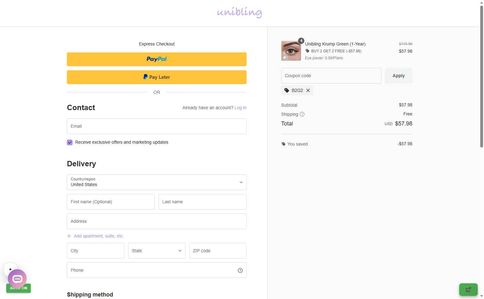 Unibling checkout page showing Unibling coupon code box | Screenshot taken by SimplyCodes community member on Feb 4, 2026