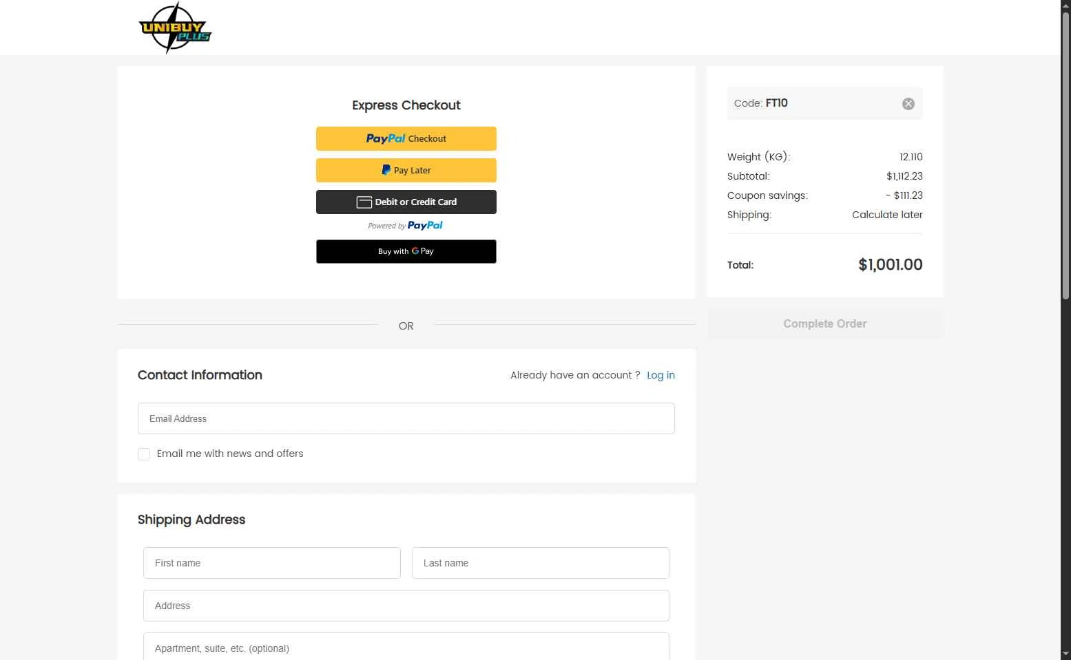 UnibuyPlus checkout page showing UnibuyPlus coupon code box | Screenshot taken by SimplyCodes community member on Jun 16, 2025