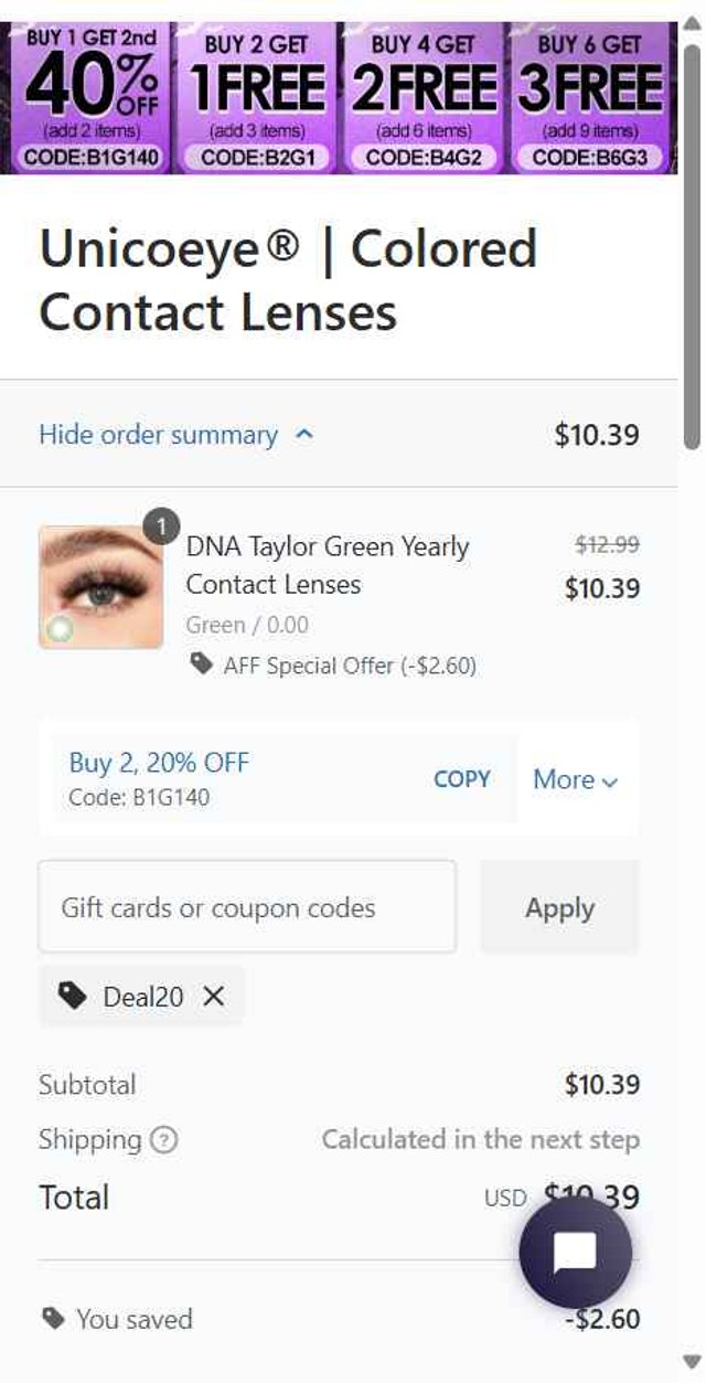 Unicoeye checkout page showing Unicoeye coupon code box | Screenshot taken by SimplyCodes community member on Sep 8, 2025