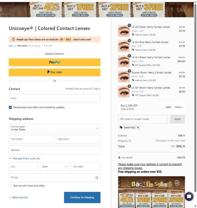 Unicoeye checkout page showing Unicoeye coupon code box | Screenshot taken by SimplyCodes community member on Aug 24, 2025