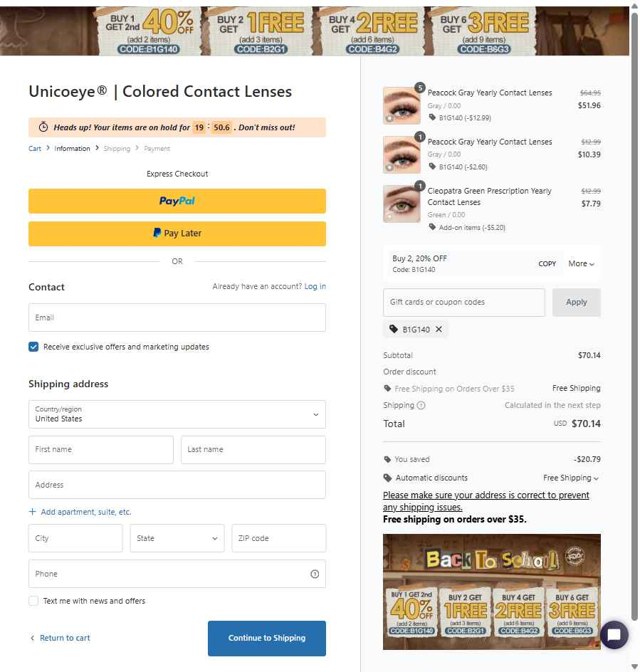 Unicoeye checkout page showing Unicoeye coupon code box | Screenshot taken by SimplyCodes community member on Aug 30, 2025